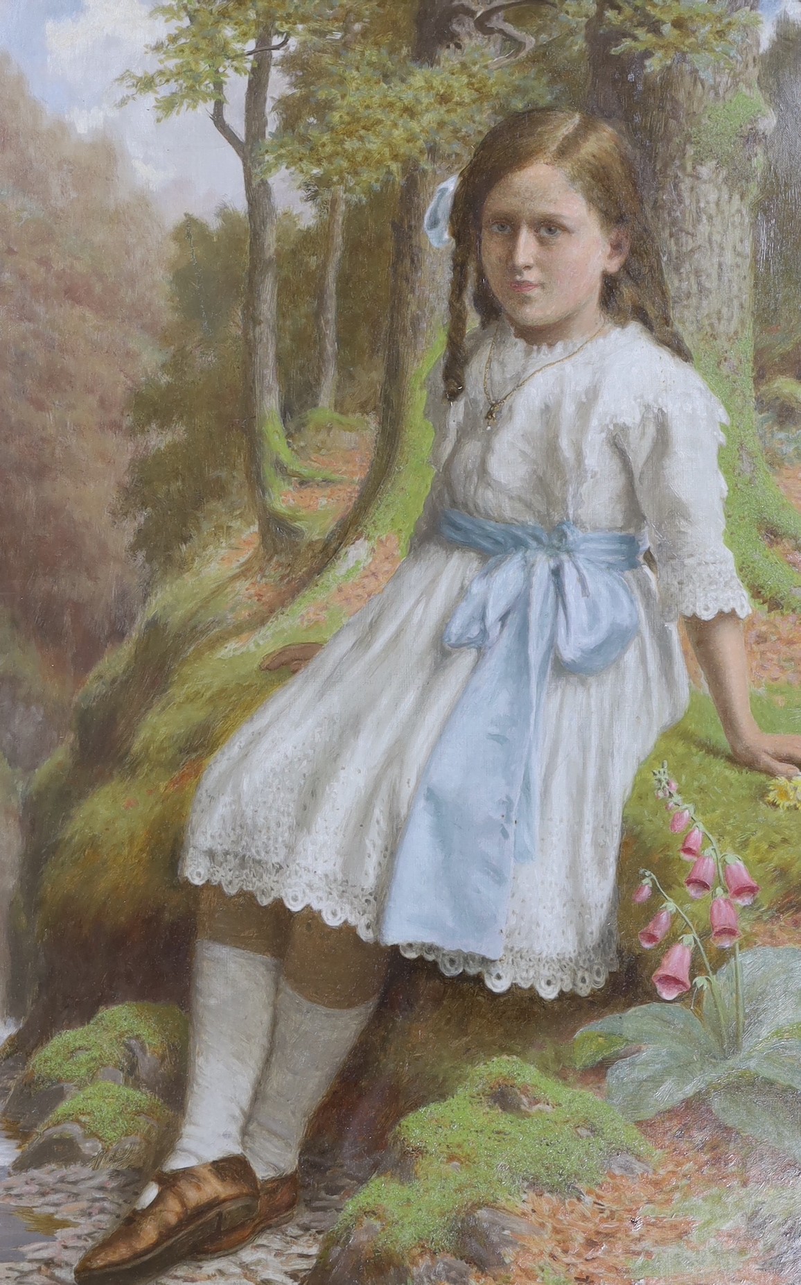James Barnes (1870-1923), oil on canvas, Girl seated in woodland, 80 x 54cm